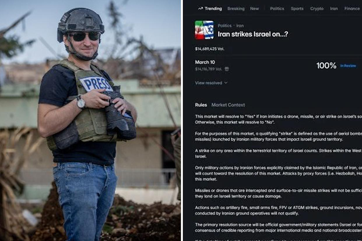 타임즈 오브 이스라엘 군사 기자 에마누엘 파비안(왼쪽)과 $1,400만 이상이 거래된 폴리마켓 이란 공격 마켓