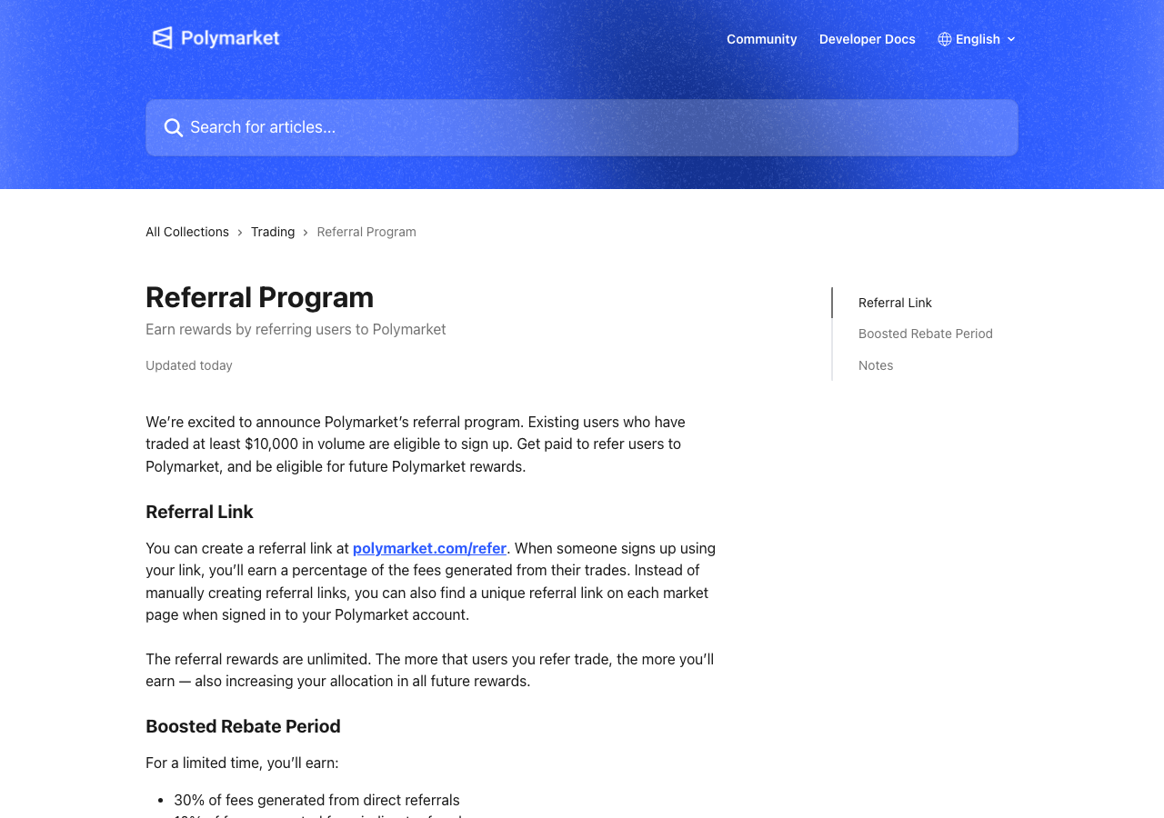 폴리마켓 공식 레퍼럴 프로그램 안내 페이지, 거래량 $10,000 이상 유저가 참여할 수 있습니다