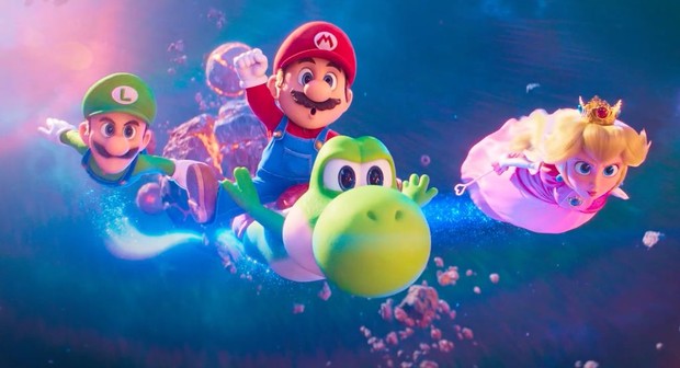 마리오, 루이지, 피치, 요시가 우주를 날아가는 슈퍼 마리오 갤럭시 무비 메인 비주얼