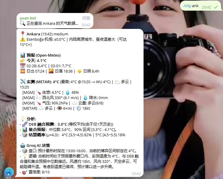 텔레그램 봇으로 도시별 기온 예보와 확률 분포를 확인하는 모습