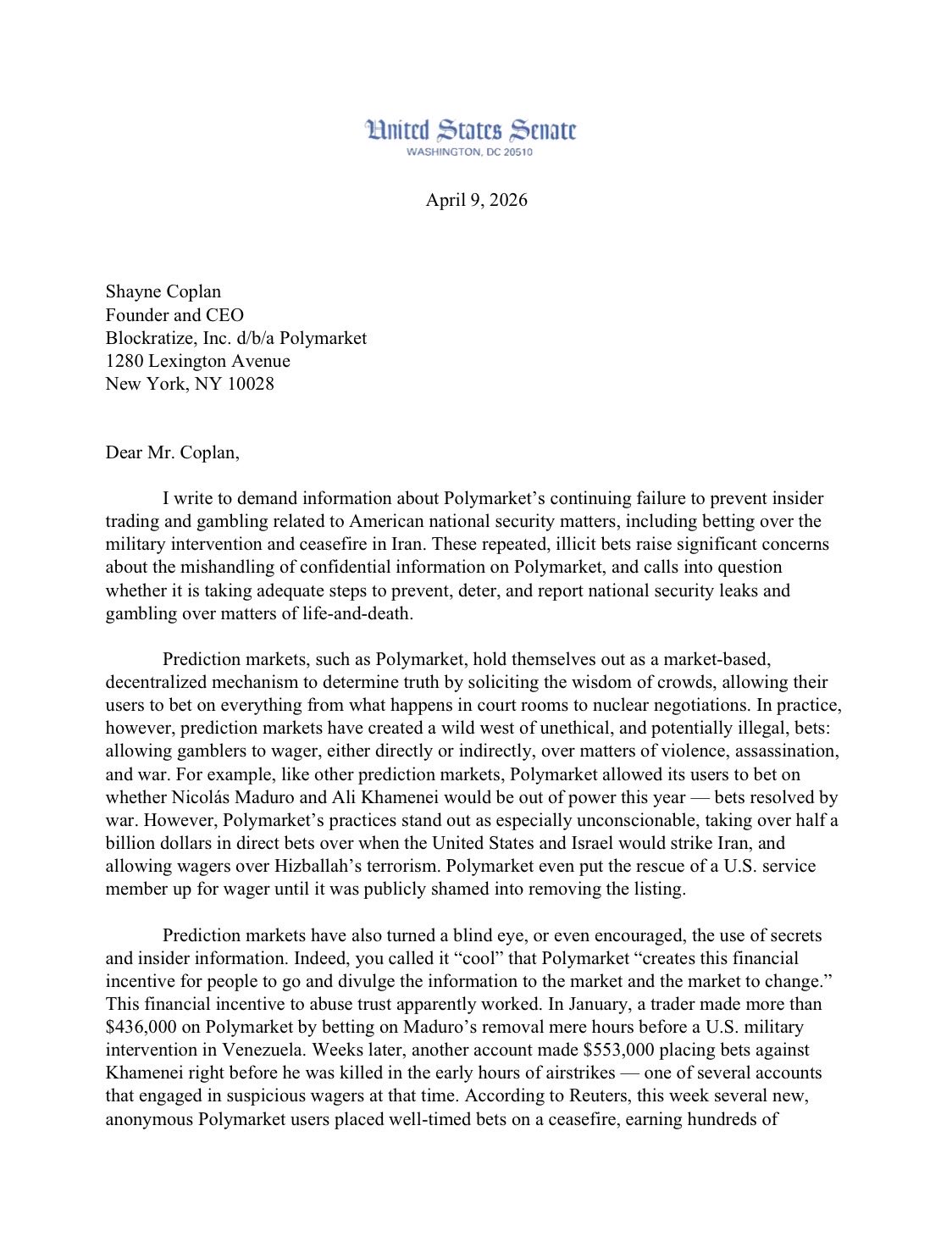 리처드 블루멘탈 상원 의원이 폴리마켓에 보낸 서한