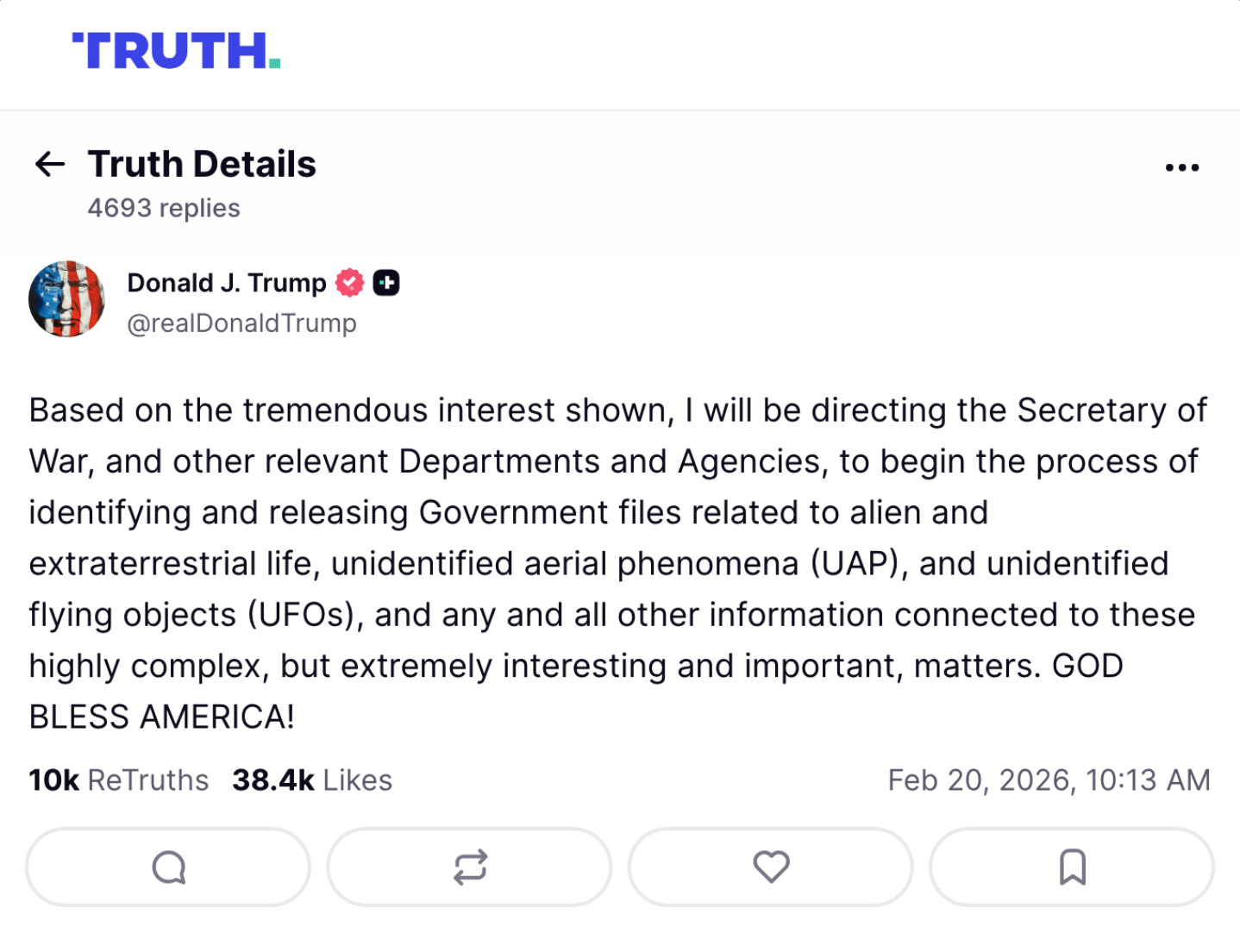 2026년 2월 트럼프가 직접 UAP(미확인 이상 현상) 파일 공개를 지시했습니다