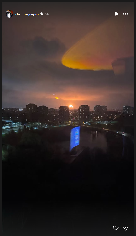 다운즈뷰 파크 상공에 번진 불길, 드레이크 본인이 인스타그램 스토리에 올린 Project Bot 촬영 장면 