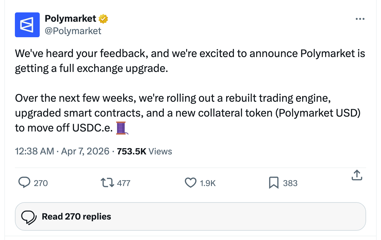 폴리마켓이 4월 6일 공식적으로 예고한 "풀 익스체인지 업그레이드" 발표 원문