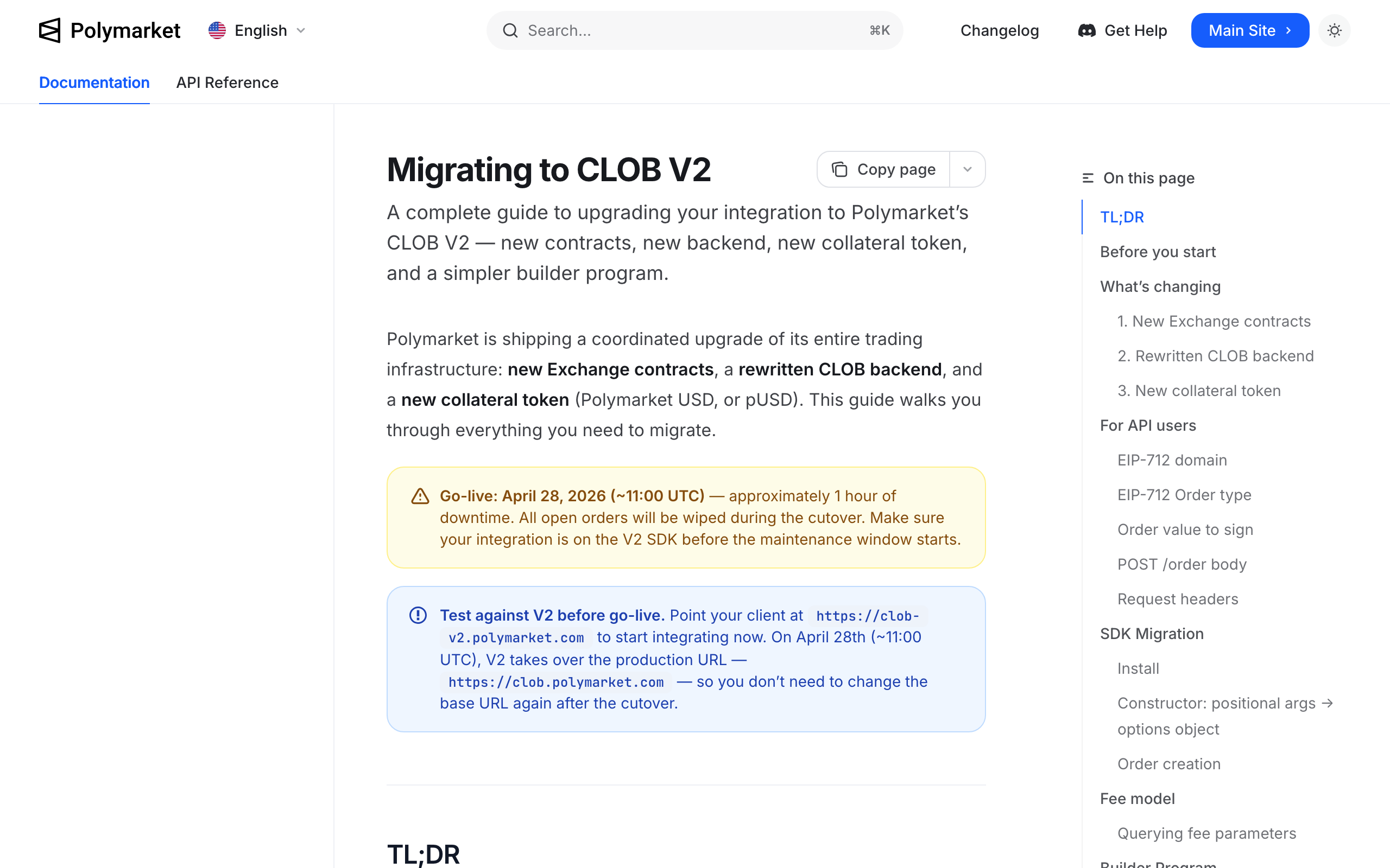 가동 시점과 다운타임 안내가 명시된 폴리마켓 공식 마이그레이션 가이드