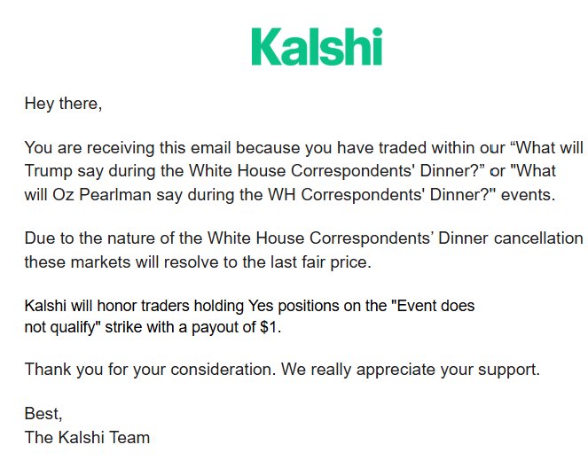 칼시가 트레이더에게 보낸 만찬 마켓 정산 안내 이메일, 마지막 fair price 정산 + "Event does not qualify" Yes 보유자 $1 지급 안내