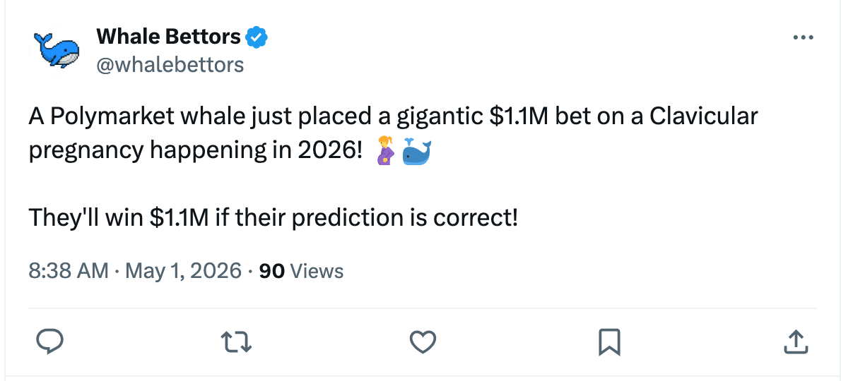 Whale Bettors 알림 트윗, 한 명의 큰손이 한 번에 110만 달러어치 Yes 포지션을 잡은 순간
