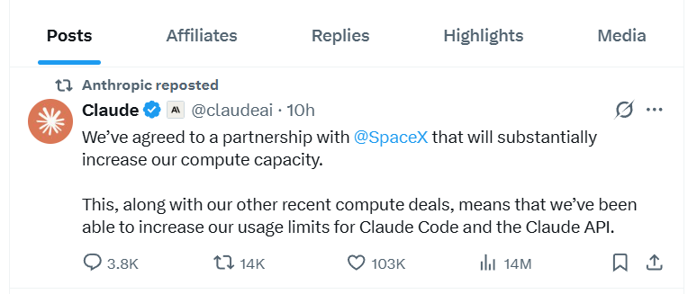 오늘, 새벽 2시 앤트로픽은 Claude를 통해 Space X와 GPU 공급 발표를 진행했습니다. 