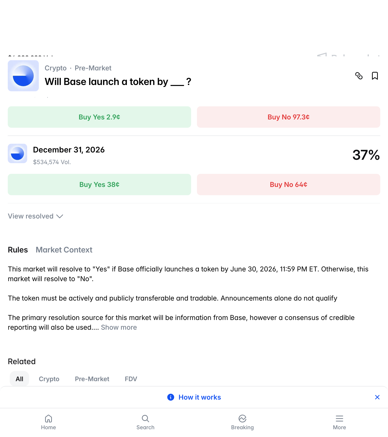 Polymarket의 베이스 토큰 마켓