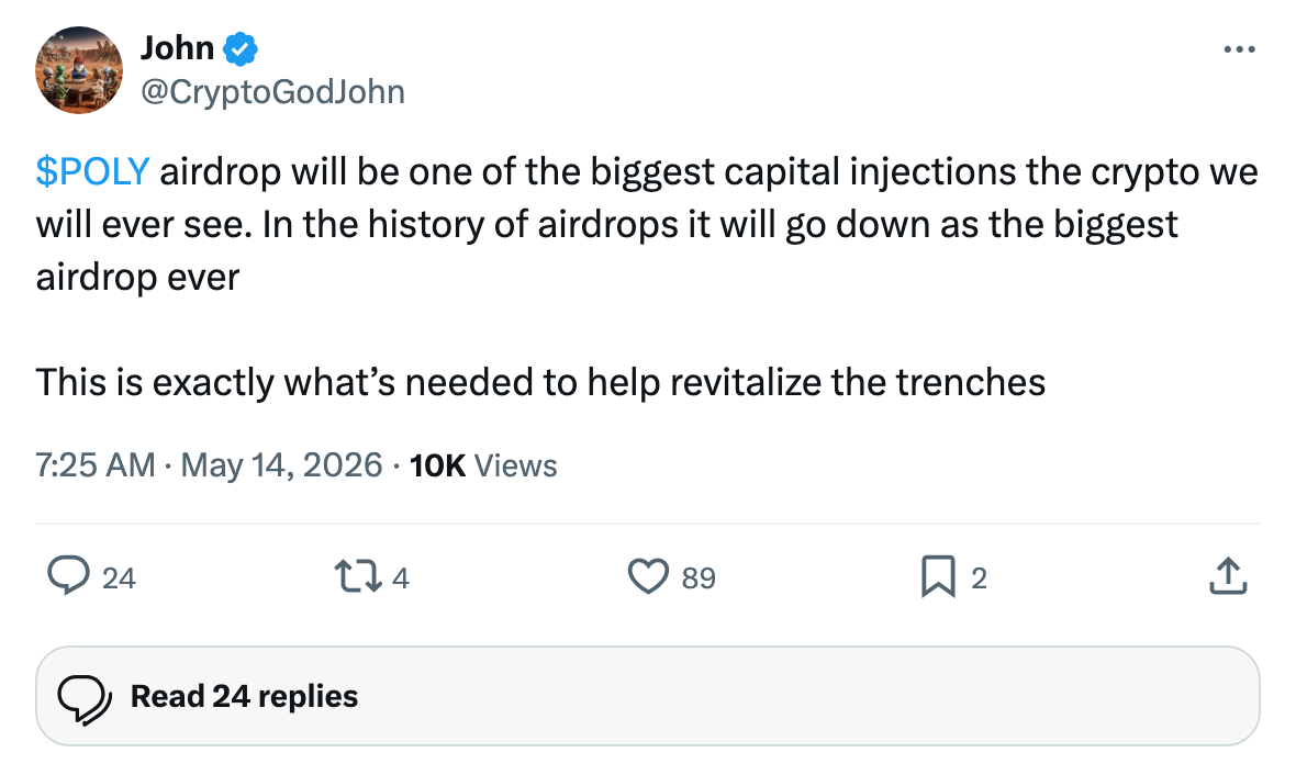 대형 KOL CryptoGodJohn이 'biggest airdrop ever'라고 못 박은 트윗