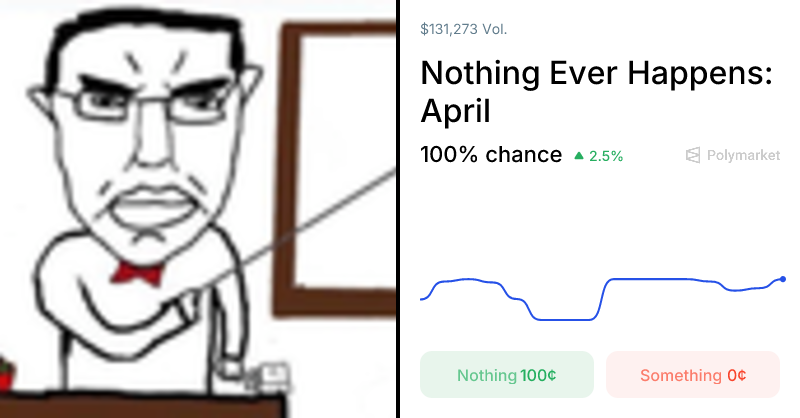 직전 4월 마켓은 Nothing 100¢로 정산됐습니다. 3월도 같은 결과. 시리즈가 매달 같은 결말로 굴러가는 그림이 그려지죠.