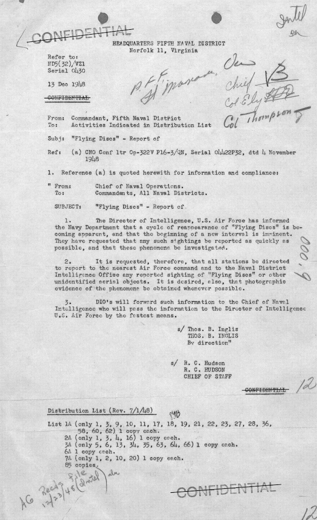 공개 문서에는 1948년 해군의 '비행 원반' 메모 원본도 있었습니다